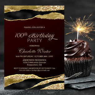 Burgundy Gold Glitter 100th Birthday Party Invitation