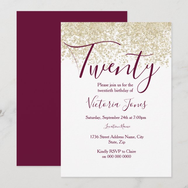 Burgundy Gold Glitter 20th birthday party Invite (Front/Back)