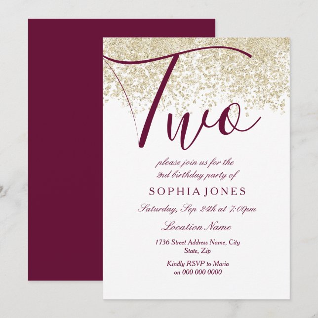 Burgundy Gold Glitter 2nd birthday party Invite (Front/Back)