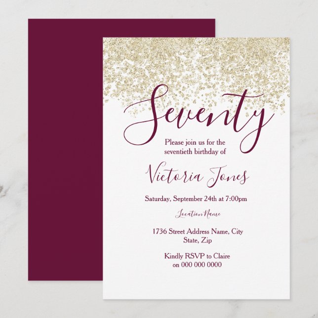 Burgundy Gold Glitter 70th birthday party Invite (Front/Back)