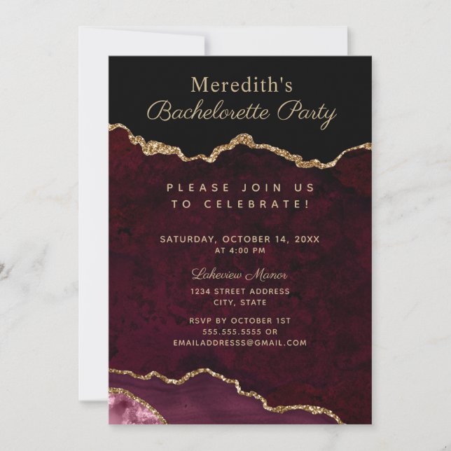 Burgundy Gold Glitter Agate Bachelorette Invitation (Front)