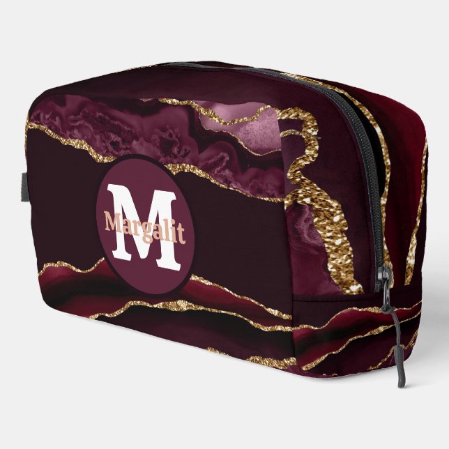 Burgundy Gold Glitter Agate Dopp Kit (Right Corner)