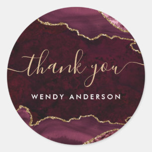 Burgundy Gold Glitter Agate Geode Name Thank You Classic Round Sticker