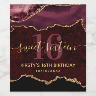 Burgundy & Gold Glitter Agate Marble Sweet Sixteen Wine Label