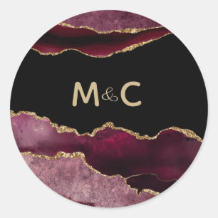 Burgundy Gold Glitter Agate Monogram Wedding Classic Round Sticker