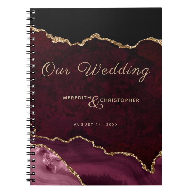 Burgundy Gold Glitter Agate Our Wedding Notebook (Front)