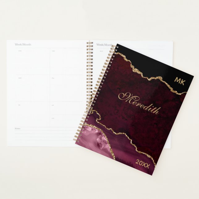 Burgundy Gold Glitter Agate Personalised Planner (Display)