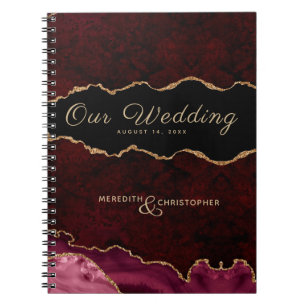 Burgundy Gold Glitter Agate Wedding Notebook