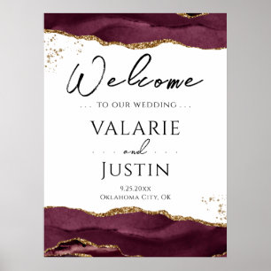 Burgundy Gold Glitter Agate Wedding Welcome Sign
