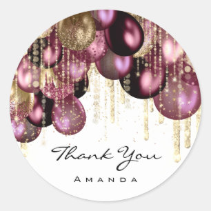 Burgundy GOLD GLITTER BALLONS DRIP THANK YOU White Classic Round Sticker