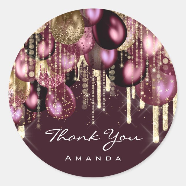 Burgundy GOLD GLITTER BALLONS DRIPS THANK YOU NAME Classic Round Sticker (Front)