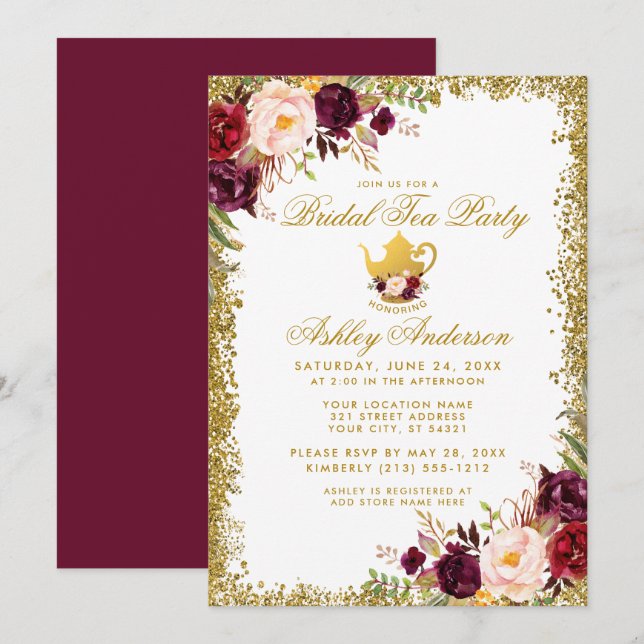 Burgundy Gold Glitter Bridal Tea Party Invite B (Front/Back)