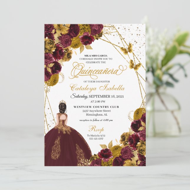 Burgundy & Gold Glitter Butterfly  Quinceanera Invitation (Standing Front)