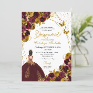 Burgundy & Gold Glitter Butterfly  Quinceanera Invitation