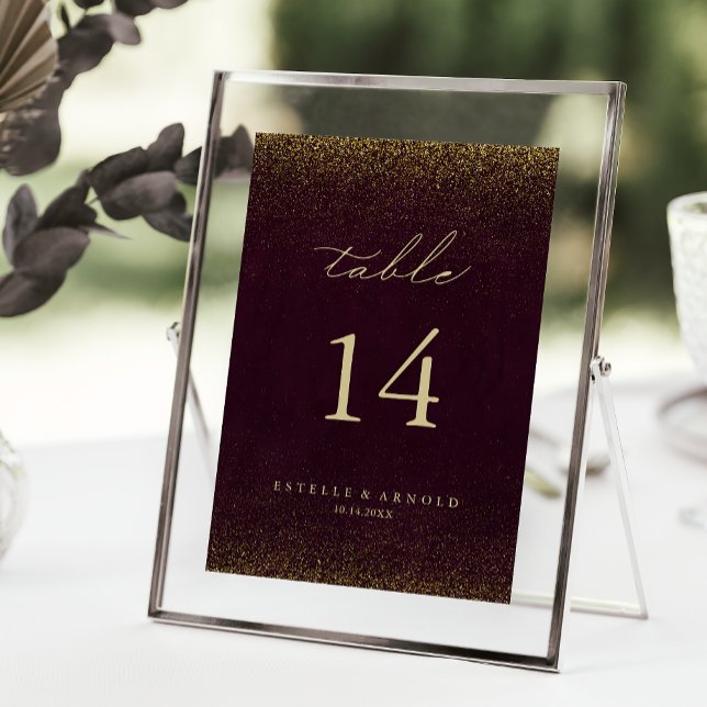 Burgundy Gold Glitter Calligraphy Gold Wedding  Table Number (Creator Uploaded)