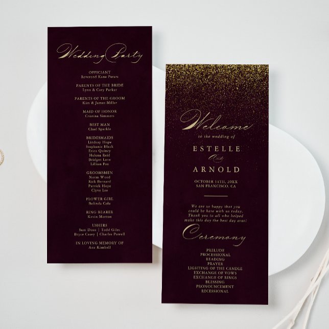 Burgundy Gold Glitter Calligraphy Wedding Program Programme (Creator Uploaded)