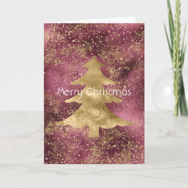 Burgundy Gold Glitter Christmas Tree       Card (Front)