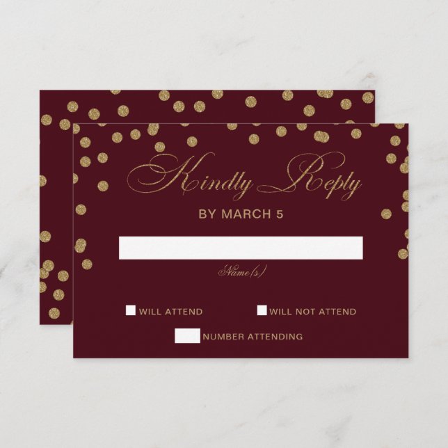 Burgundy Gold Glitter Confetti Elegant Wedding RSVP Card (Front/Back)