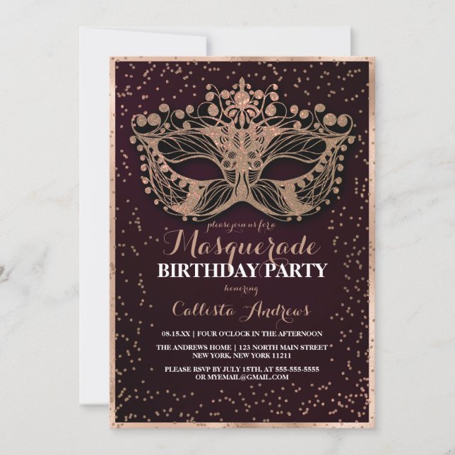 Burgundy Gold Glitter Confetti Masquerade Birthday Invitation (Front)