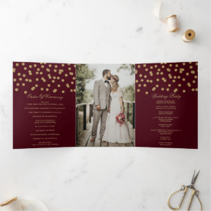 Burgundy Gold Glitter Confetti Photo Wedding Tri-Fold Programme