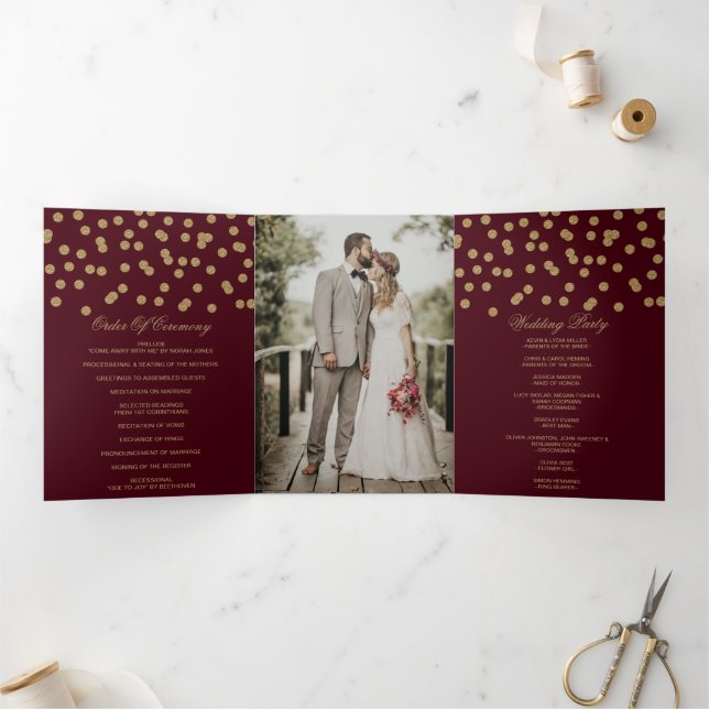 Burgundy Gold Glitter Confetti Photo Wedding Tri-Fold Programme (Inside)
