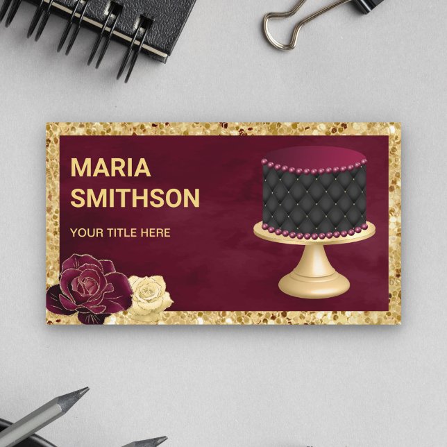 Burgundy Gold Glitter Custom Tufted Cake Bakery Business Card (Creator Uploaded)