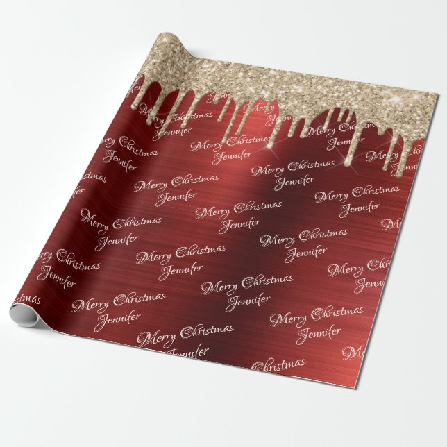  Burgundy Gold Glitter Dripping Christmas Name Wrapping Paper (Unrolled)