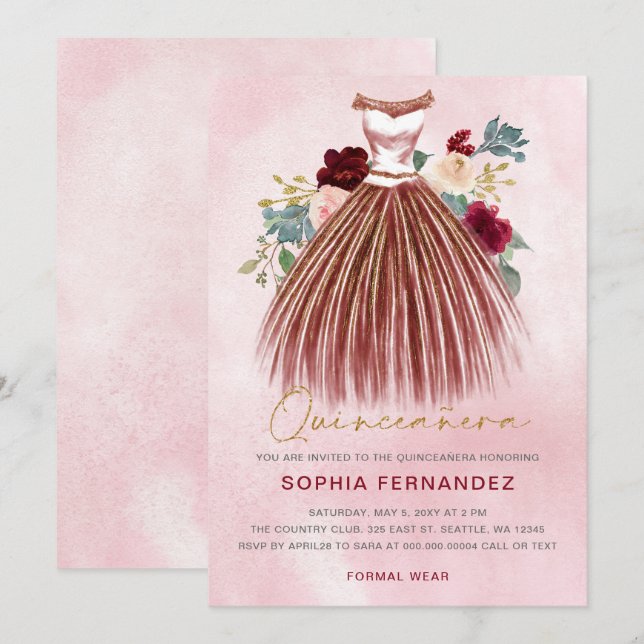 Burgundy gold glitter Floral Dress Quinceañera Invitation (Front/Back)