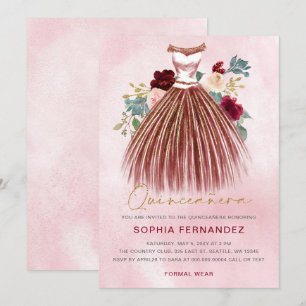 Burgundy gold glitter Floral Dress Quinceañera Invitation