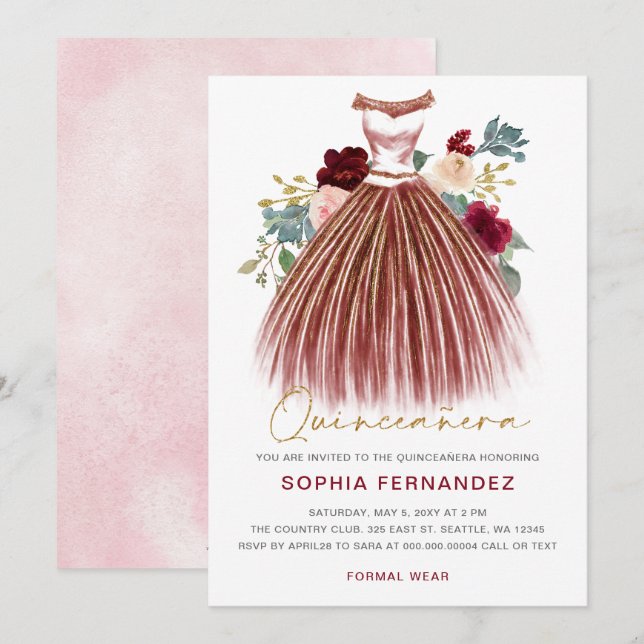 Burgundy gold glitter Floral Dress Quinceañera Invitation (Front/Back)
