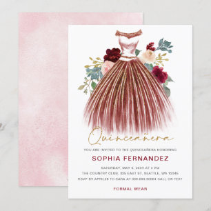 Burgundy gold glitter Floral Dress Quinceañera Invitation