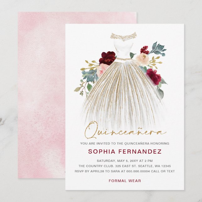 Burgundy gold glitter Floral Dress Quinceañera Invitation (Front/Back)