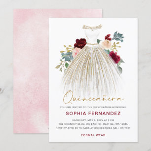Burgundy gold glitter Floral Dress Quinceañera Invitation