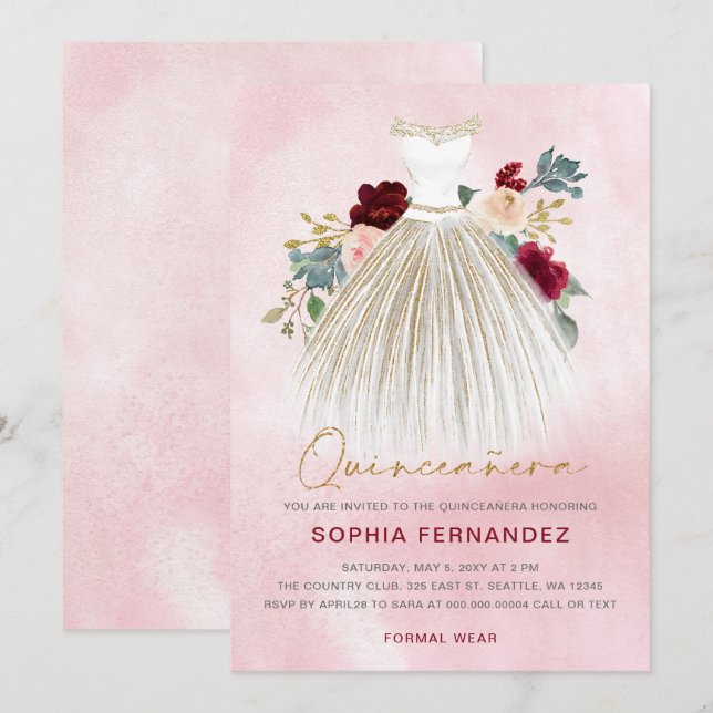 Burgundy gold glitter Floral Dress Quinceañera Invitation (Front/Back)