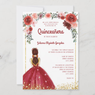 Burgundy Gold Glitter Floral Princess Quinceanera Invitation