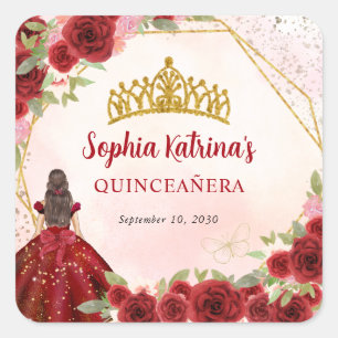 Burgundy Gold Glitter Floral Princess Tiara Favour Square Sticker