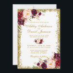 Burgundy Gold Glitter Floral Wedding Invitation<br><div class="desc">Elegant Burgundy Watercolor Floral and Gold Glitter Wedding Invitation - Gold Script</div>