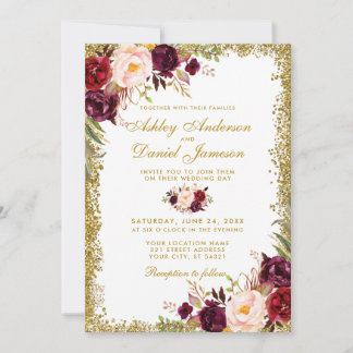 Burgundy Gold Glitter Floral Wedding Invitation
