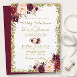 Burgundy Gold Glitter Floral Wedding Invitation B<br><div class="desc">Elegant Burgundy Watercolor Floral and Gold Glitter Wedding Invitation - Gold Script - Burgundy Back</div>