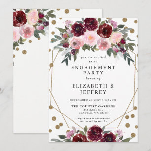 Burgundy Gold Glitter Geometric Engagement Party Invitation