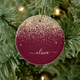 Burgundy Gold Glitter Girly Monogram Glam Ceramic Tree Decoration
