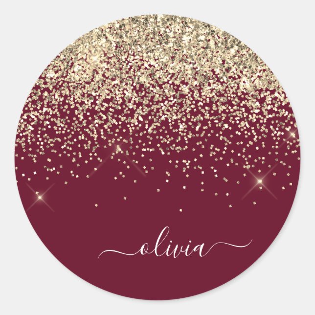 Burgundy Gold Glitter Girly Monogram Glam Classic Round Sticker (Front)