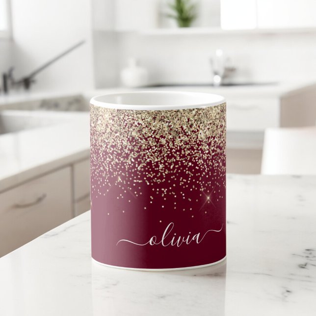 Burgundy Gold Glitter Girly Monogram Glam Coffee Mug (Creator Uploaded)