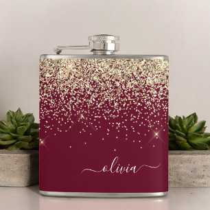 Burgundy Gold Glitter Girly Monogram Glam Hip Flask