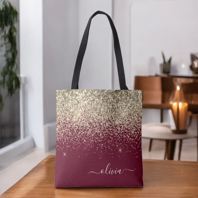 Burgundy Gold Glitter Girly Monogram Glam Tote Bag (Creator Uploaded)