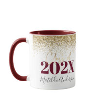 Burgundy gold glitter graduation elegant script mu