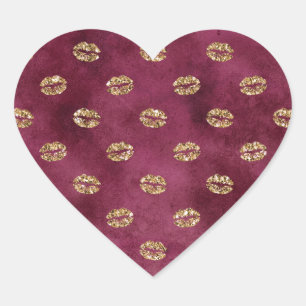 Burgundy Gold Glitter Kisses Lips Heart Sticker