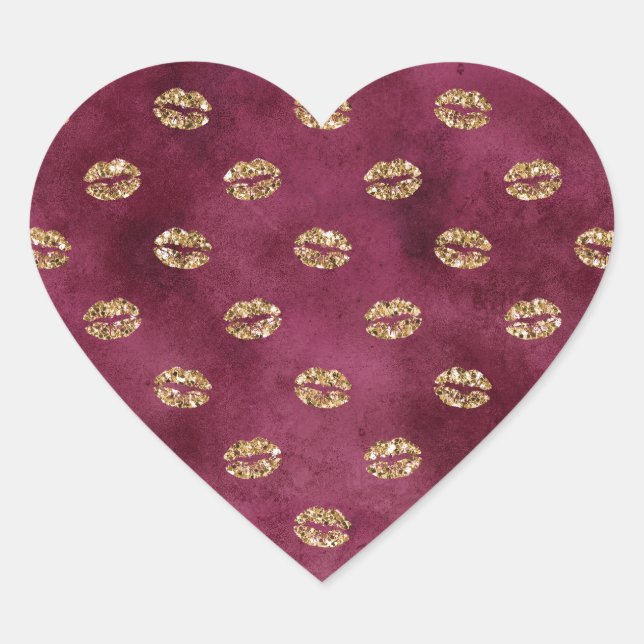 Burgundy Gold Glitter Kisses Lips  Heart Sticker (Front)