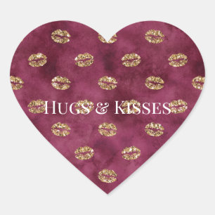 Burgundy Gold Glitter Kisses Lips Heart Sticker