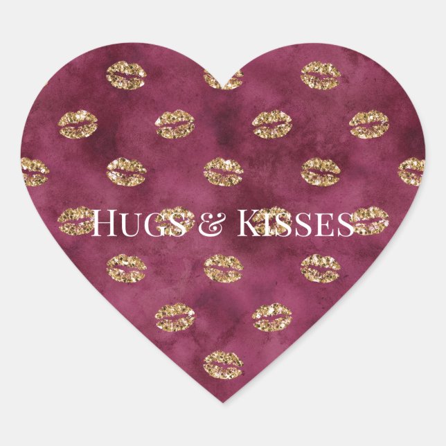 Burgundy Gold Glitter Kisses Lips         Heart Sticker (Front)